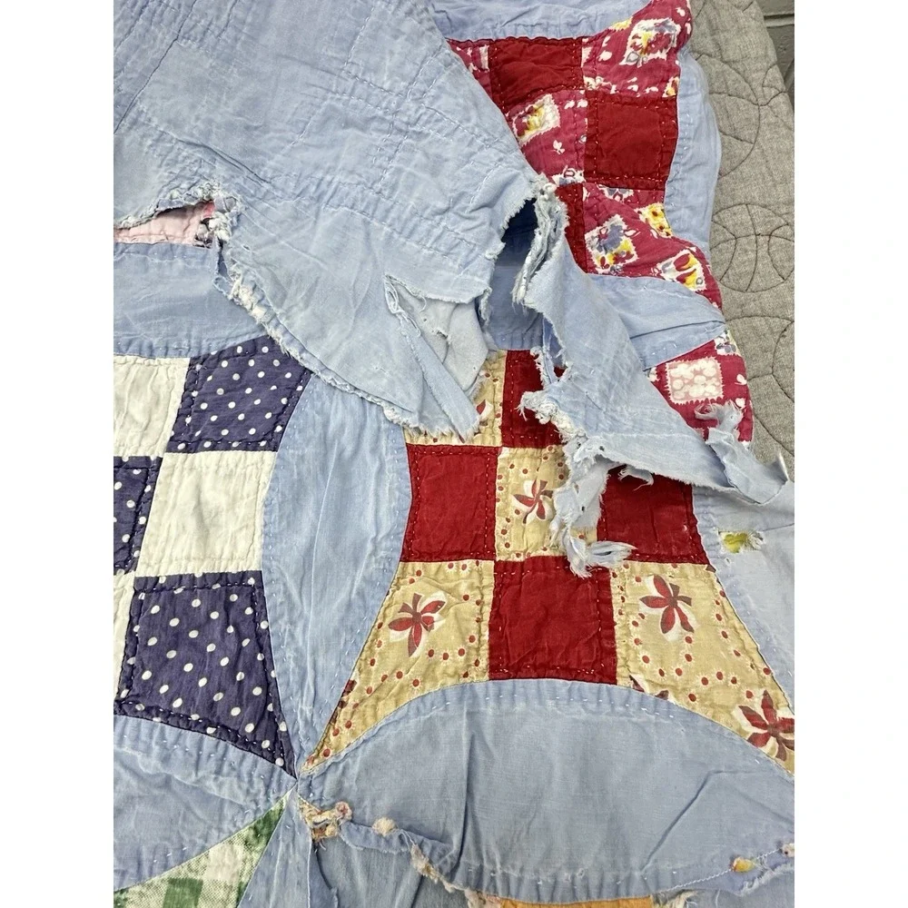 Antique Cutter Quilt Blue Drunkards‎ Path Patchwork Primitive Fabric Handmade